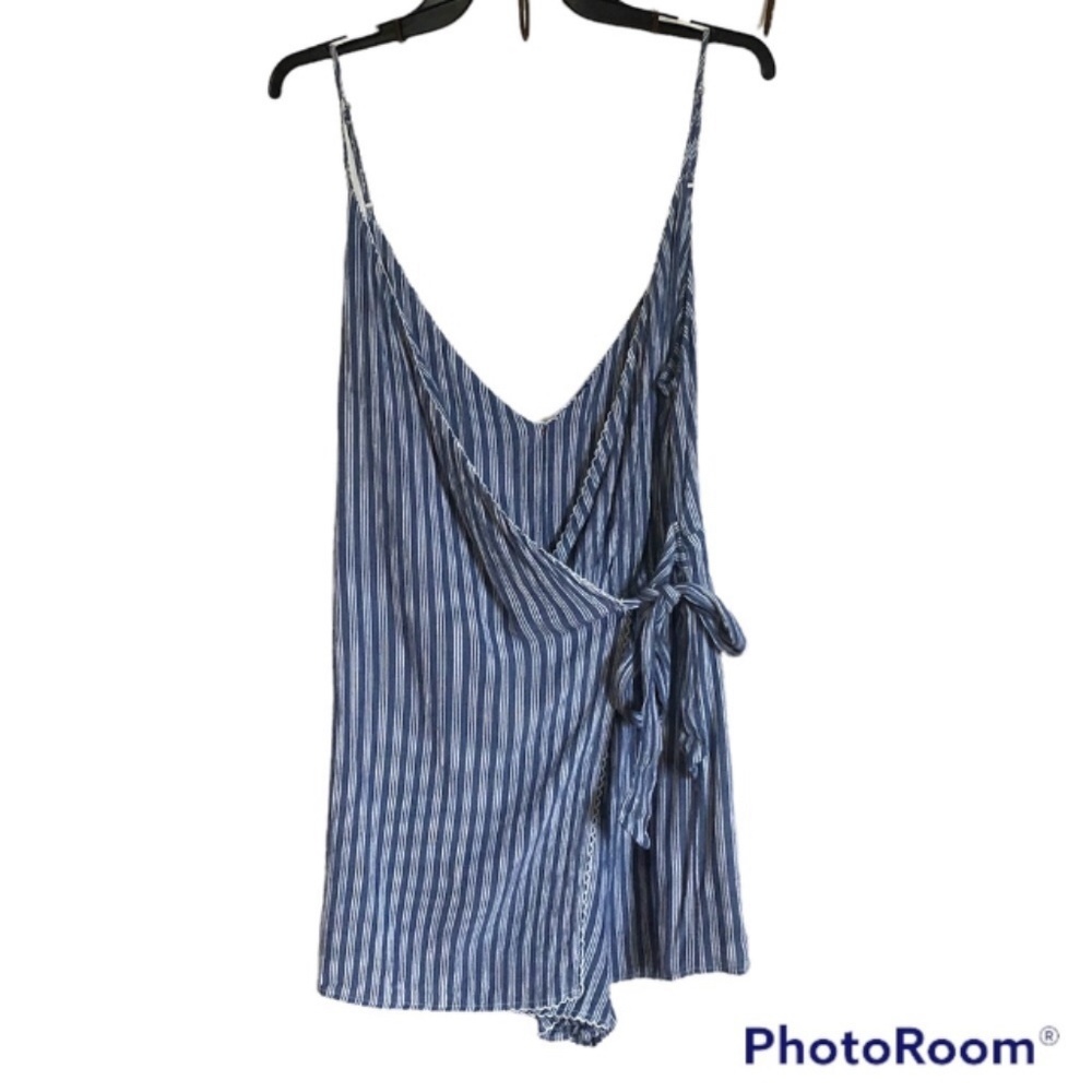 ANTHRO Red Carter Romper Blue/White Stripes Faux Wrap Linen Blend Spaghetti